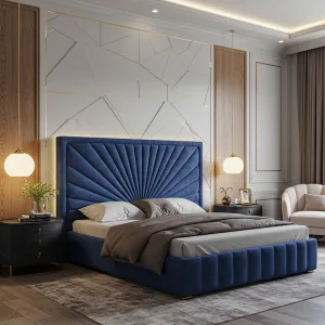Royal Blue Velvet Upholstered Bed with Sunburst Headboard