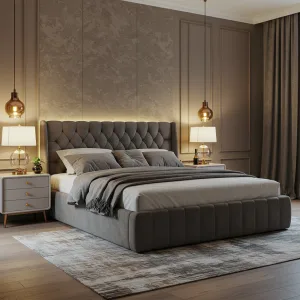 Grey Luxe Wingback Upholstered Bed